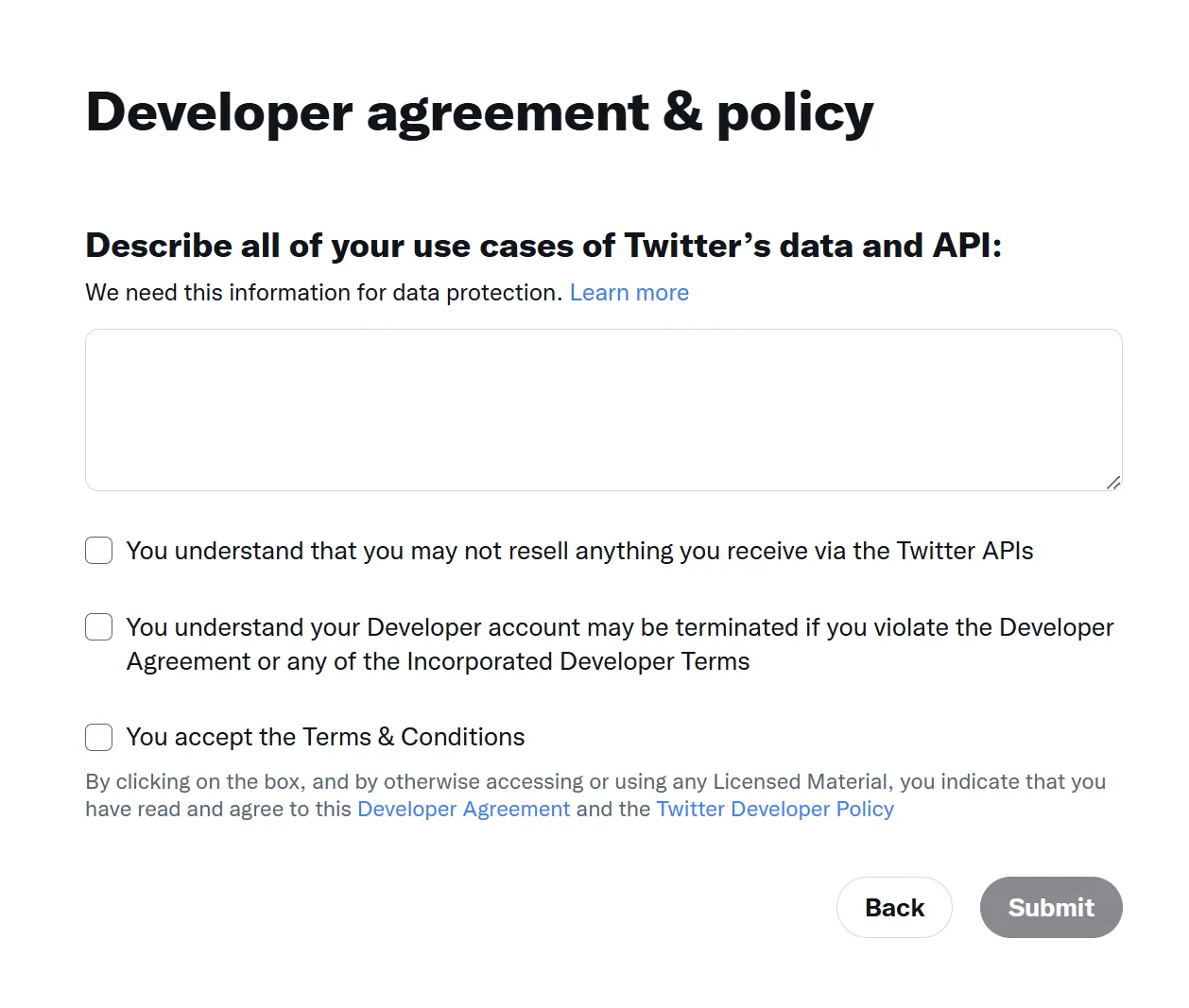 Twitter APIアカウント登録フォーム